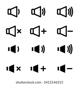 Speaker volume icon set. Mute and silent audio broadcast noise vector symbol in a black filled and outlined style. Off ringtone speaker volume sign.