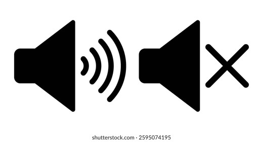 Speaker volume icon set on circle line. Level sound button. Simple speaker on and muted volume icons, vector. SOUND ON OFF sign. Loudspeaker icon in circle. speaker on and off icon. Design eps 10. 