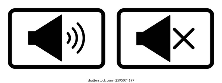 Speaker volume icon set on circle line. Level sound button. Simple speaker on and muted volume icons, vector. SOUND ON OFF sign. Loudspeaker icon in circle. speaker on and off icon. Design eps 10. 
