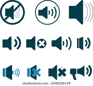 Conjunto de iconos de volumen del altavoz. Icono de volumen. símbolo de icono silencioso. Vector de icono de sonido.