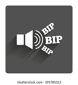 Speaker volume icon. Sound with BIP symbol. Loud signal. Gray flat square button with shadow. Modern UI website navigation.
