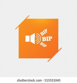Speaker volume icon. Sound with BIP symbol. Loud signal. Orange square label on pattern. Vector