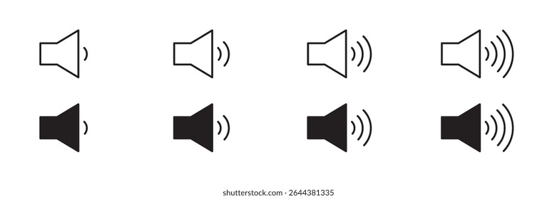 Alto-falante e ícones de volume em diferentes níveis. Símbolo de som plano definido em preto e branco.