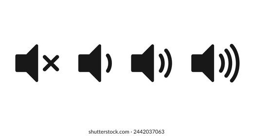 Iconos de volumen del altavoz con ondas de sonido. Sube el volumen, baja el volumen y silencia la colección. Ilustración de vector