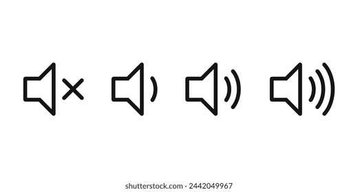 Speaker volume icons with sound waves. Volume up, down, and mute collection. Vector illustration