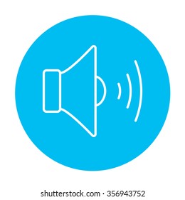 Speaker volume line icon for web, mobile and infographics. Vector white icon on the light blue circle isolated on white background.