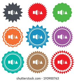 Speaker volume louder sign icon. Sound symbol. Stars stickers. Certificate emblem labels. Vector