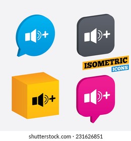 Speaker Volume Louder Sign Icon. Sound Symbol. Isometric Speech Bubbles And Cube. Rotated Icons With Edges. Vector