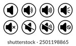 Speaker volume and mute icon in circle outline. Simple sound volume and audio mute mark symbol design illustration. Multimedia audio music, electronic devices, tapes, computer graphics. Editable icon