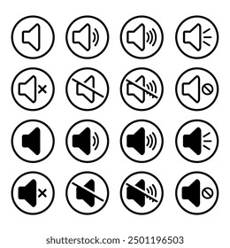 Volumen del altavoz e icono de silencio en el contorno del círculo. Ilustración de diseño de símbolo de marca de sonido y audio mudo. Música de audio multimedia, dispositivos electrónicos, cintas, gráficos por computadora