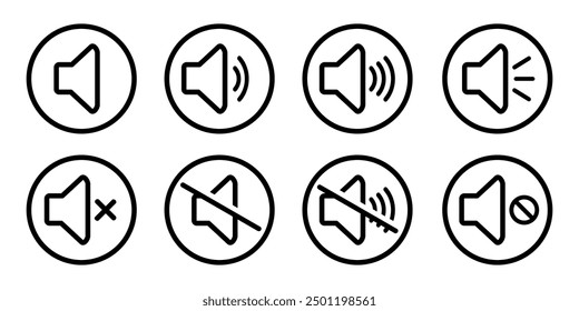 Volumen del altavoz e icono de silencio en el contorno del círculo. Ilustración de diseño de símbolo de marca de audio y volumen de sonido simple. Música de audio multimedia, dispositivos electrónicos, cintas, gráficos por computadora