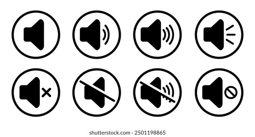 Speaker volume and mute icon in circle outline. Simple sound volume and audio mute mark symbol design illustration. Multimedia audio music, electronic devices, tapes, computer graphics. Editable icon