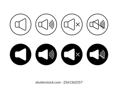 Speaker volume and mute icon in circle outline. Simple sound volume and audio mute mark symbol design illustration. 