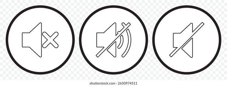 Speaker volume and mute icon in circle outline. Simple sound volume and audio mute mark symbol design illustration. Multimedia audio music, electronic devices, tapes, computer graphics. Editable icon.