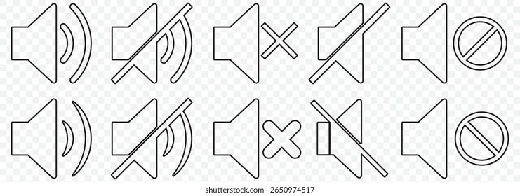 Speaker volume and mute icon in circle outline. Simple sound volume and audio mute mark symbol design illustration. Multimedia audio music, electronic devices, tapes, computer graphics. Editable icon.