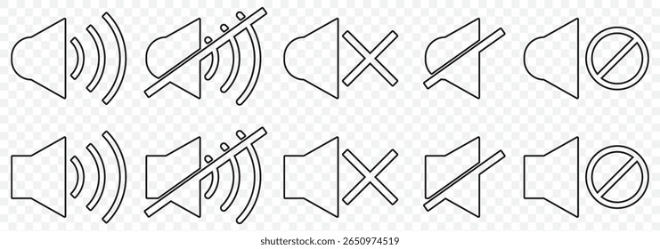 Speaker volume and mute icon in circle outline. Simple sound volume and audio mute mark symbol design illustration. Multimedia audio music, electronic devices, tapes, computer graphics. Editable icon.