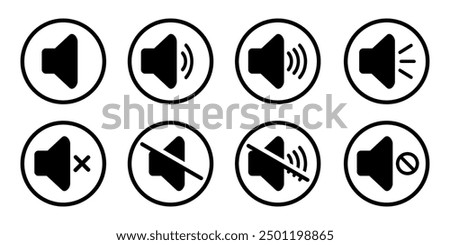 Speaker volume and mute icon in circle outline. Simple sound volume and audio mute mark symbol design illustration. Multimedia audio music, electronic devices, tapes, computer graphics. Editable icon