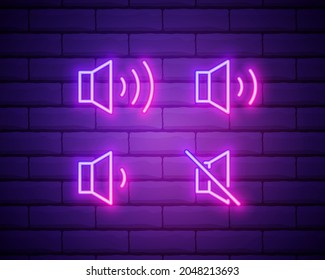 Speaker Volume neon sign set, modern glowing banner design, colorful trend of modern design on brick wall background. Vector illustration