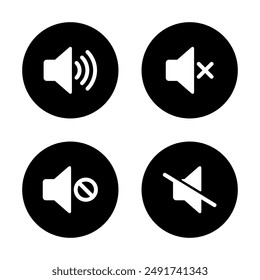 Speaker and volume off icon set on black circle. Sound level and volume off concept