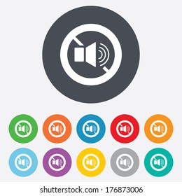 Speaker volume sign icon. No Sound symbol. Round colourful 11 buttons. Vector