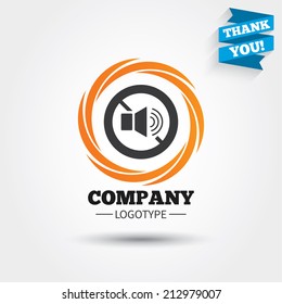 Speaker volume sign icon. No Sound symbol. Business abstract circle logo. Logotype with Thank you ribbon. Vector