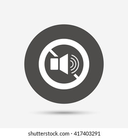 Speaker volume sign icon. No Sound symbol. Gray circle button with icon. Vector