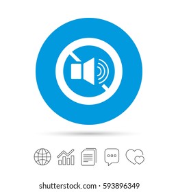 Speaker volume sign icon. No Sound symbol. Copy files, chat speech bubble and chart web icons. Vector