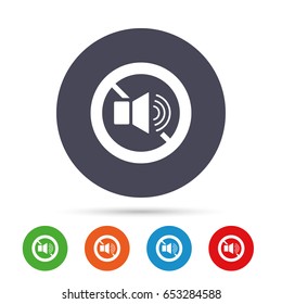 Speaker volume sign icon. No Sound symbol. Round colourful buttons with flat icons. Vector