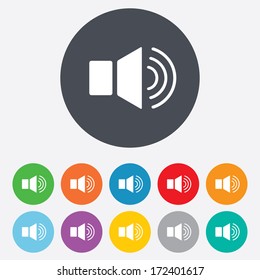 Speaker volume sign icon. Sound symbol. Round colourful 11 buttons. Vector