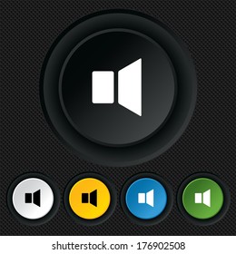 Speaker volume sign icon. Sound symbol. Round colourful buttons on black texture. Vector