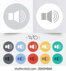 Speaker volume sign icon. Sound symbol. Round 12 circle buttons. Shadow. Hand cursor pointer. Vector