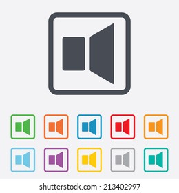 Speaker volume sign icon. Sound symbol. Round squares buttons with frame. Vector