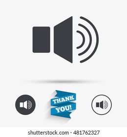 Speaker volume sign icon. Sound symbol. Flat icons. Buttons with icons. Thank you ribbon. Vector