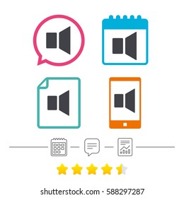 Speaker volume sign icon. Sound symbol. Calendar, chat speech bubble and report linear icons. Star vote ranking. Vector