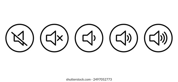 Speaker volume, sound level icon set on circle line