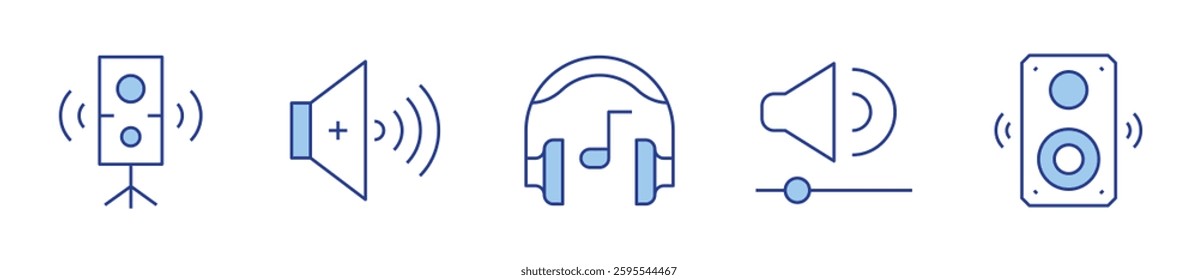 speaker, volume up, headphones. Audio Icon vector illustration. Line Duotone style. Editable stroke.