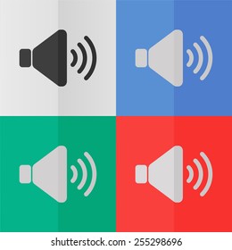 Speaker volume vector icon. Effect of folded paper. Colored (red, blue, green) illustrations. Flat design