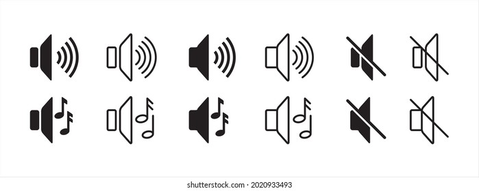 Speaker volume vector icon set. Loudspeaker ring tone symbol. Music audio sound sign illustration collection.