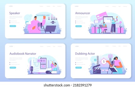 Speaker web banner or landing page set. Voice actor dubbing a movie, audio book or radio announcer. Character talking through the microphone at the studio. Flat vector illustration