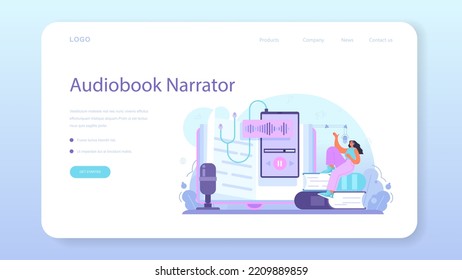 Speaker web banner or landing page. Voice actor dubbing a movie, audio book or radio announcer. Character talking through the microphone at the studio. Flat vector illustration