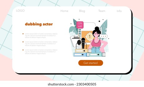 Speaker web banner or landing page. Voice actor dubbing a movie. Actor uses a microphone and headphones to synchronize dialogue with the film's characters. Flat vector illustration