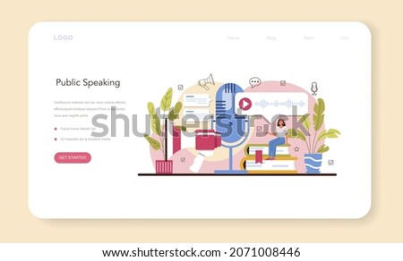 Speaker web banner or landing page. Rhetoric or elocution specialist speaking to a microphone. Business seminar or conference speaker. Broadcasting or public address. Flat vector illustration