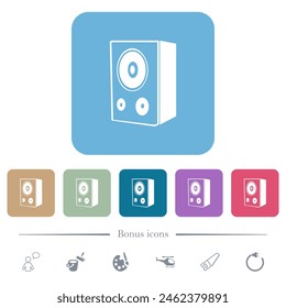 Speaker white flat icons on color rounded square backgrounds. 6 bonus icons included