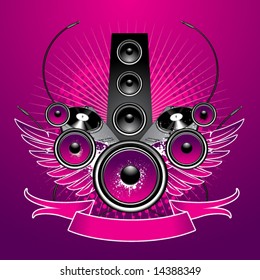 Speaker with wings and equipment on grunge background