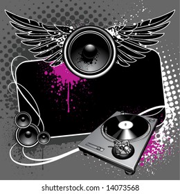 Speaker with wings and turntable on modern grunge background