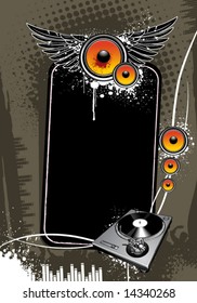 Speaker with wings and turntable on modern grunge background