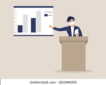 Speaker woman in protective face mask behind lectern make report and point to poster with diagram of growth of indicators during virus epidemic.Lecturer or expert give assessment.Vector illustration