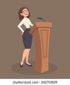 Speaker woman with stand and microphone on brown background cartoon vector illustration 