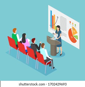 Speaker woman standing near graph report presentation and tribune with microphone 3d isometric view. Congress with financial strategy and teamwork. Speech of presenter and workers discussing vector