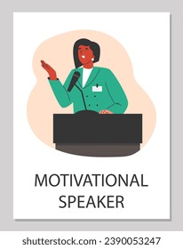 Speaker woman stands on the podium and makes a speech in microphone. Cartoon presenter, professional orator, coach seminar. Flat style vector motivational presentation poster